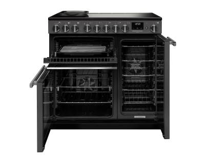 Front view of Rangemaster Professional Deluxe 90 Slate Induction Range Cooker showing oven doors and controls