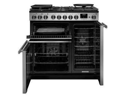 Front view of Rangemaster Professional Deluxe 90 Stainless Steel Dual Fuel Range Cooker showing oven doors and controls