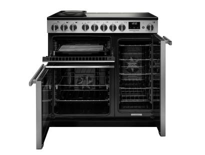 Front view of Rangemaster Professional Deluxe 90 Stainless Steel Induction Range Cooker showing oven doors and controls