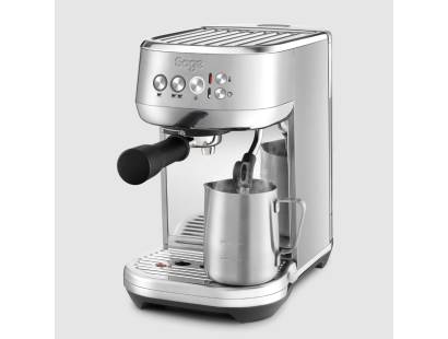 Front view of Sage Bambino Plus espresso machine in stainless steel finish
