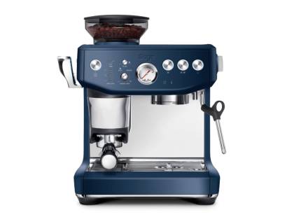 Front view of Sage Barista Express Impress espresso machine in Damson Blue finish