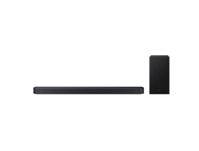 Front view of Samsung HW-Q600F soundbar and subwoofer in Titan Black