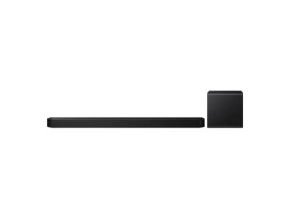 Front view of Samsung HW-Q800F soundbar and subwoofer in black