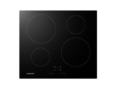 Front view of Samsung NZ64F3NM1ABUR 59cm black induction hob with 4 cooking zones