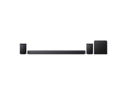 Front view of Samsung Q930F soundbar with subwoofer and rear speakers