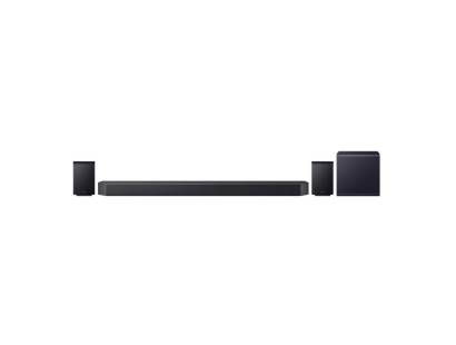 Front view of Samsung Q990F soundbar system with subwoofer and rear speakers