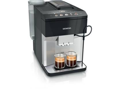 Front view of Siemens TP515GB1 Bean to Cup Coffee Machine in black and silver