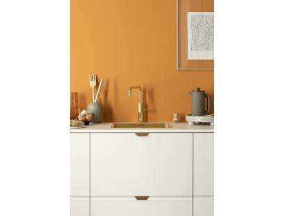 Gold Quooker Fusion Square Tap delivering hot, cold, boiling, chilled and sparkling water