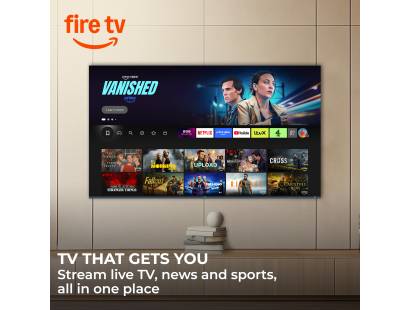 Haier K85 Series Smart TV displaying Fire TV home screen and streaming entertainment apps