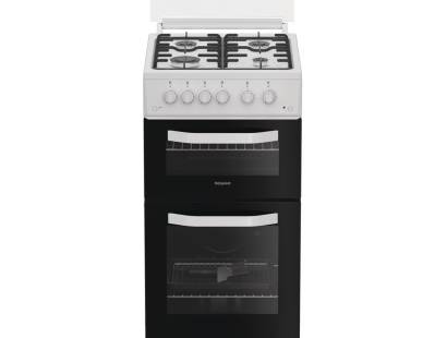Hotpoint HTG5GCWL gas twin cooker white, 50cm freestanding cooker with glass lid, Dalzells