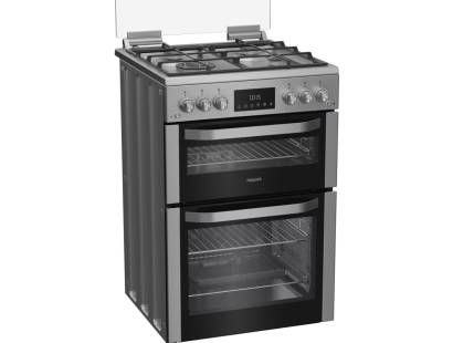 Hotpoint inox gas double cooker with triple crown wok burner and glass lid