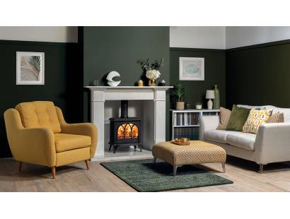 Huntingdon-30-Multi-Fuel-Tracery-Door-with-handle-removed-shown-with-Claremont-Mantel-in-Antique-White-Marble