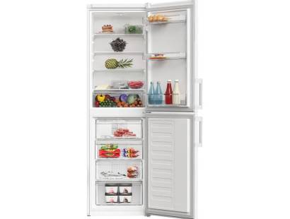 Indesit fridge freezer with doors open showing internal storage