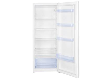 Interior of IceKing RL254EW showing adjustable glass shelves and crisper drawer