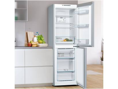 Interior view of Bosch KGN34NLEAG showing adjustable glass shelves and MultiBox drawer