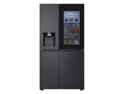 LG 628 L side‑by‑side fridge freezer with InstaView door lit up