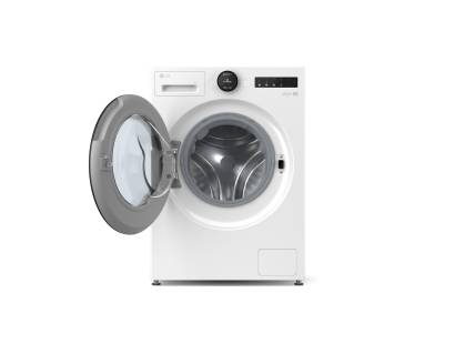 LG F4X7009TWB washer open view showing drum interior and clean white finish