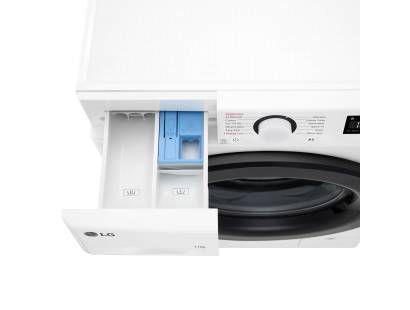 LG F4Y511WBLN1 detergent drawer open showing compartments for detergent and softener