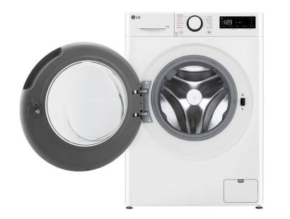 LG F4Y511WBLN1 washing machine with door open showing drum interior