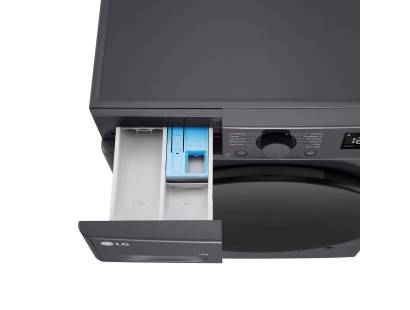 LG F4Y513GBLN1 detergent drawer open showing compartments for detergent and softener
