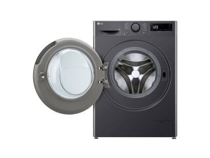 LG F4Y513GBLN1 with door open showing large drum and stainless steel tub