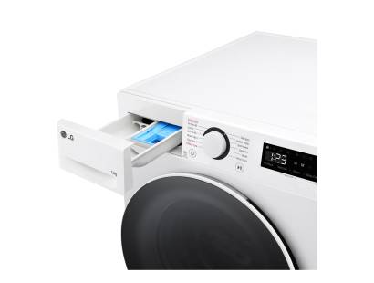LG F4Y513WWLN1 detergent drawer open showing compartments for detergent and softener