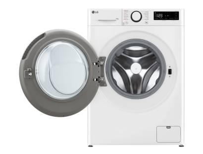 LG F4Y513WWLN1 washing machine with door open showing large drum interior