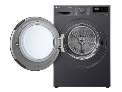 LG FDV709GN tumble dryer with door open showing stainless steel drum