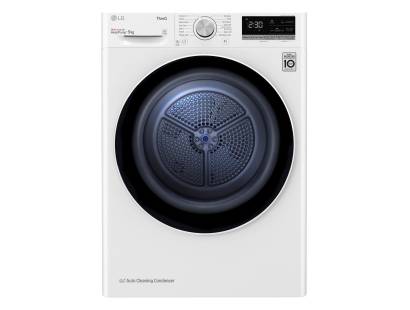 LG FDV709W 9kg heat pump tumble dryer in white front view
