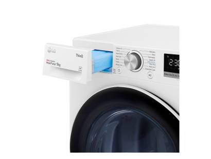 LG FDV709W dryer open drawer view showing filter and water tank compartments