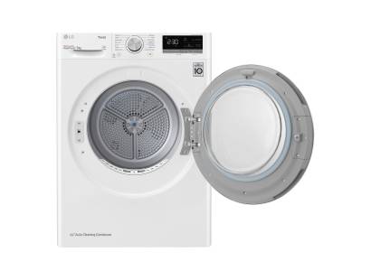 LG FDV709W tumble dryer with door open showing stainless steel drum