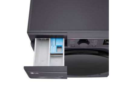 LG FWY706GBTN1 open detergent drawer showing compartments for detergent and softener