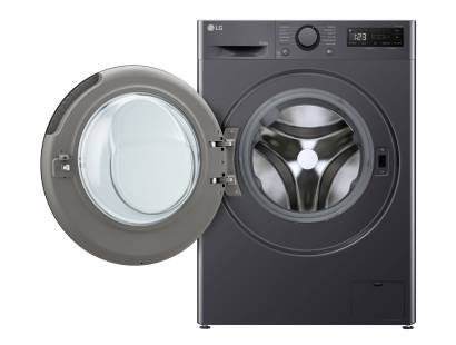 LG FWY706GBTN1 washer dryer with open door showing drum and TurboWash™ jets
