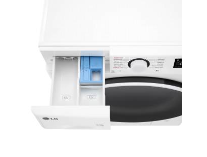 LG FWY706WWTN1 detergent drawer open showing compartments for detergent and softener