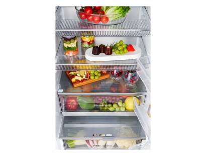 LG GBG7190CEV fridge freezer with doors open revealing spacious interior layout