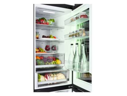 LG InstaView fridge freezer open showing adjustable shelving and FRESHConverter drawer