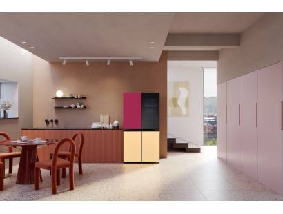 LG MoodUP fridge freezer in vibrant LED colour mode with modern kitchen backdrop