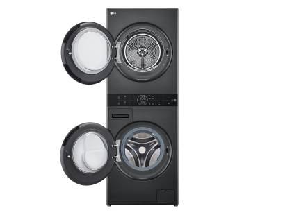 LG WT1210BBTN1 WashTower with open washer and dryer doors showing dual drum design