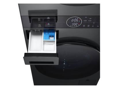 LG WT1210BBTN1 detergent drawer open showing compartments for washing and softener