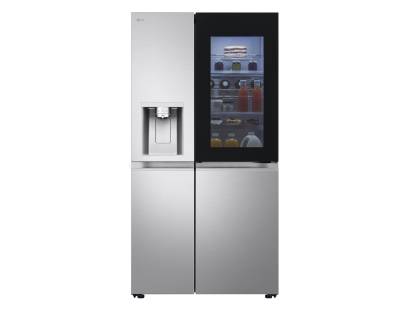 LG side-by-side refrigerator with InstaView panel illuminated