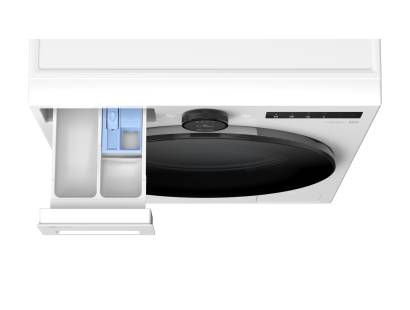 LG white front-load washing machine drawer
