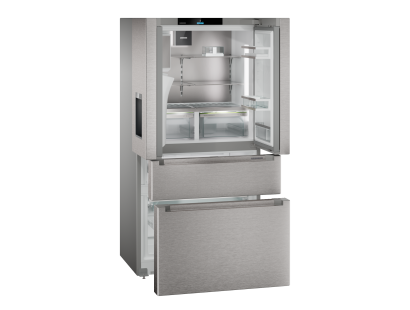 Liebherr French door fridge freezer open showing spacious interior storage
