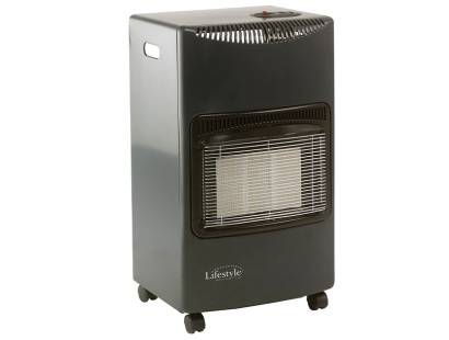 Lifestyle Superser-style gas heater in grey cabinet with castors and regulator