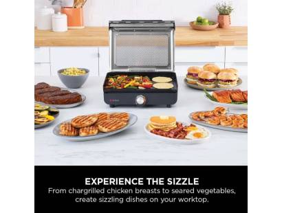 Ninja GR101UK Sizzle Grill & Flat Plate open surrounded by food