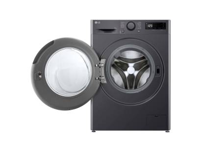 Open LG F4Y511GBLN1 washer showing drum and control panel