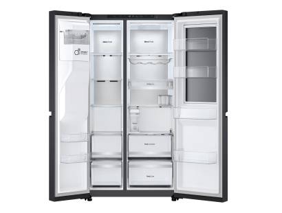Open LG GSXE91EVAD showing spacious fridge and freezer interior