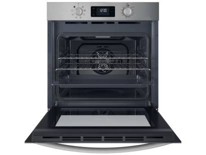 Open view of Indesit IO253XUK oven showing 71L interior with oven trays