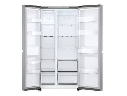 Open view of LG 662L side-by-side refrigerator showing interior storage
