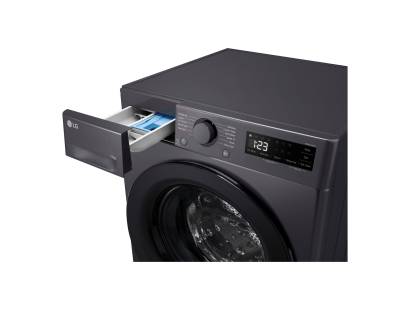 Open view of LG F4Y511GBLN1 detergent drawer showing compartments for detergent and softener