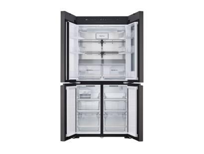 Open view of LG GMV960NNME showing fridge and freezer compartments